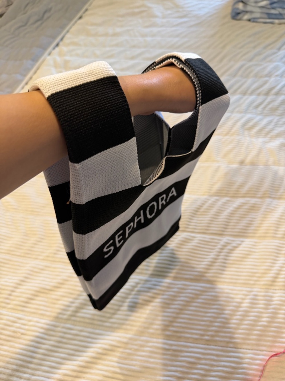 Sephora Black and White Striped Knit Tote with SEPHORA Logo - Picture 3 of 4